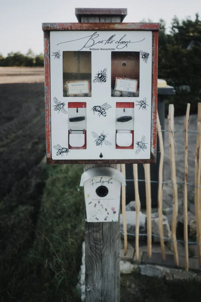 Ehrlicher Hofladen-Automat am Feldrand, daneben ein kleines Vogelhaus auf einem Pfahl